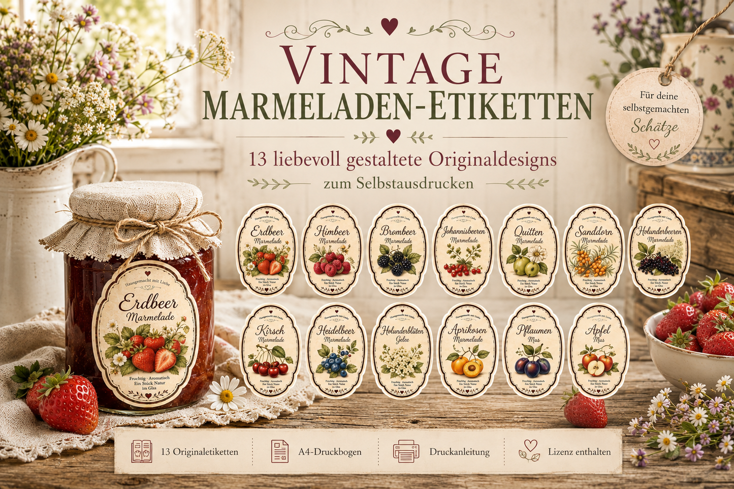 Vintage Marmeladen Etiketten zum Ausdrucken | 13 Etiketten für Marmelade, Gelee & Mus | Cottage Style | Digitaler Download