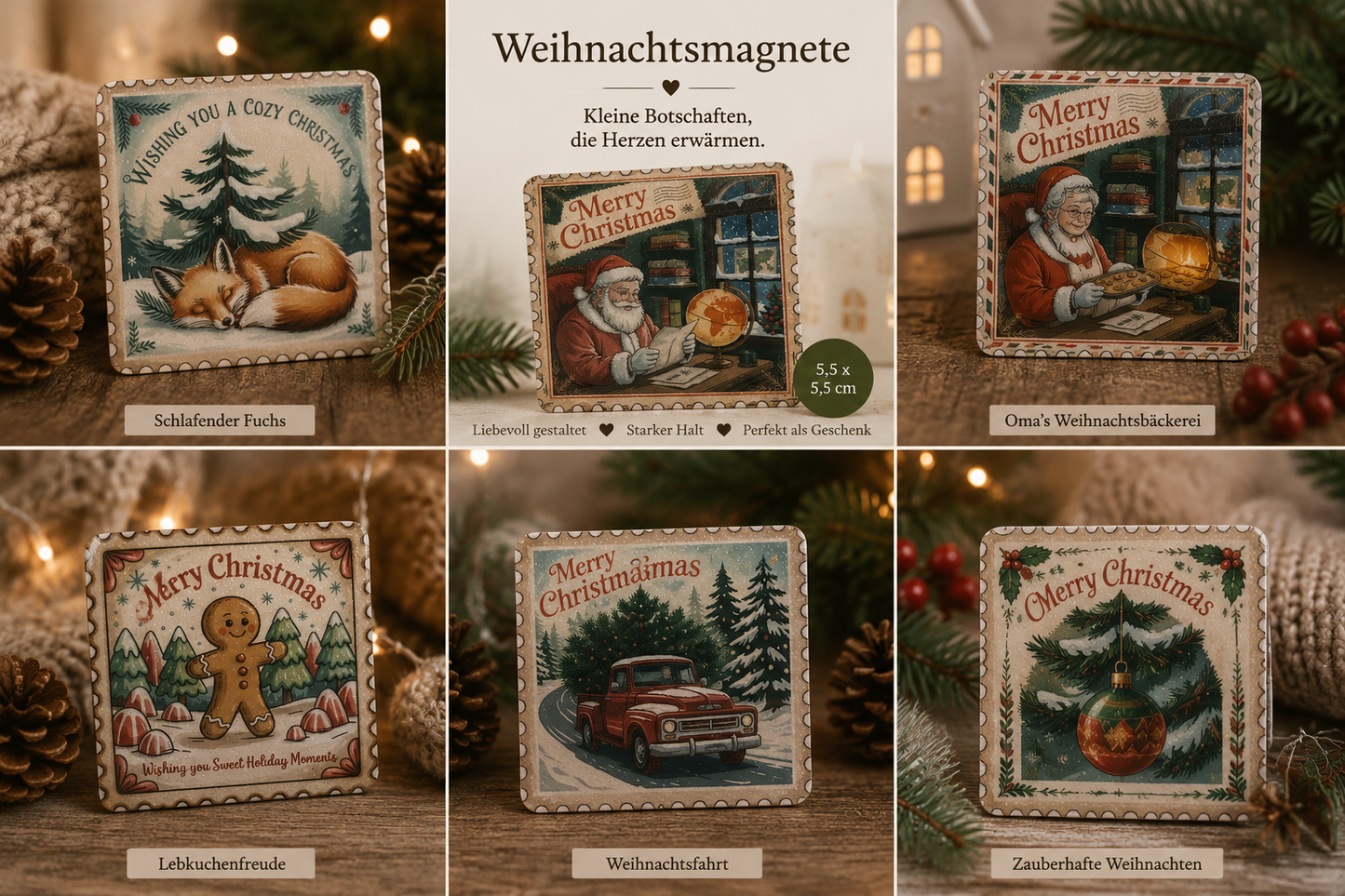 Kühlschrankmagnete – Humorvoll, weihnachtlich & einfach zum Verlieben! (55 mm x 55 mm) 6er Set