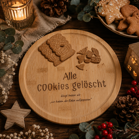 Bambusteller „Alle Cookies gelöscht“ – Weihnachtsteller mit Augenzwinkern