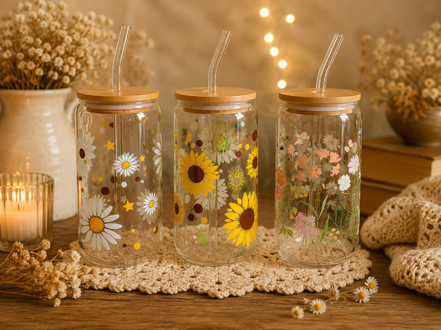Cottage Bloom
Trinkglas mit Bambusdeckel & Glastrinkhalm