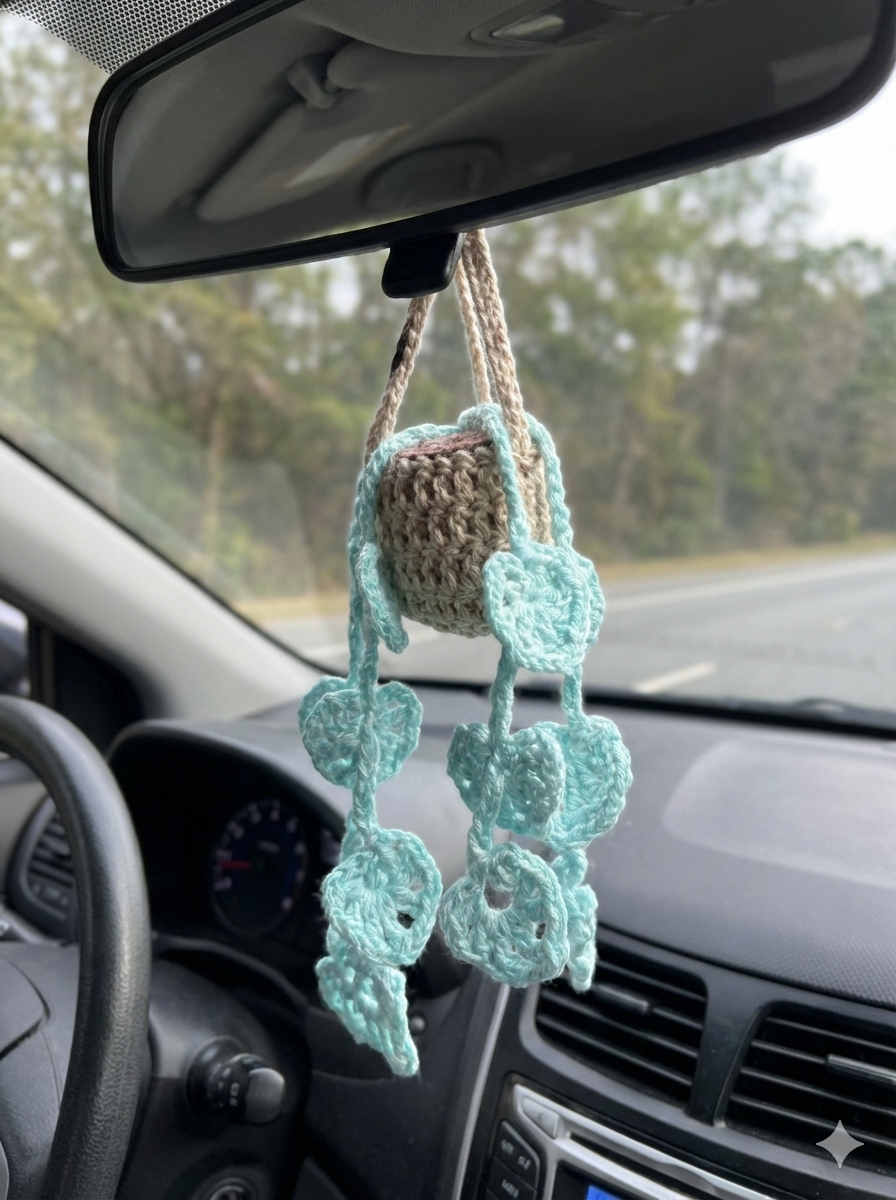 Gehäkelte Mini-Hängepflanze – Dein handgemachter Glücksbringer für unterwegs